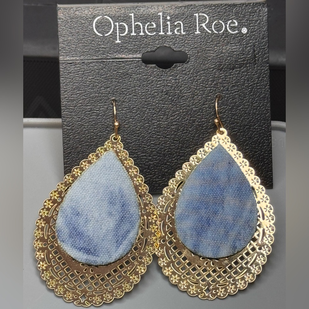 Ophelia Roe Blue Jean and Gold Teardrop Earrings 2.5 inch